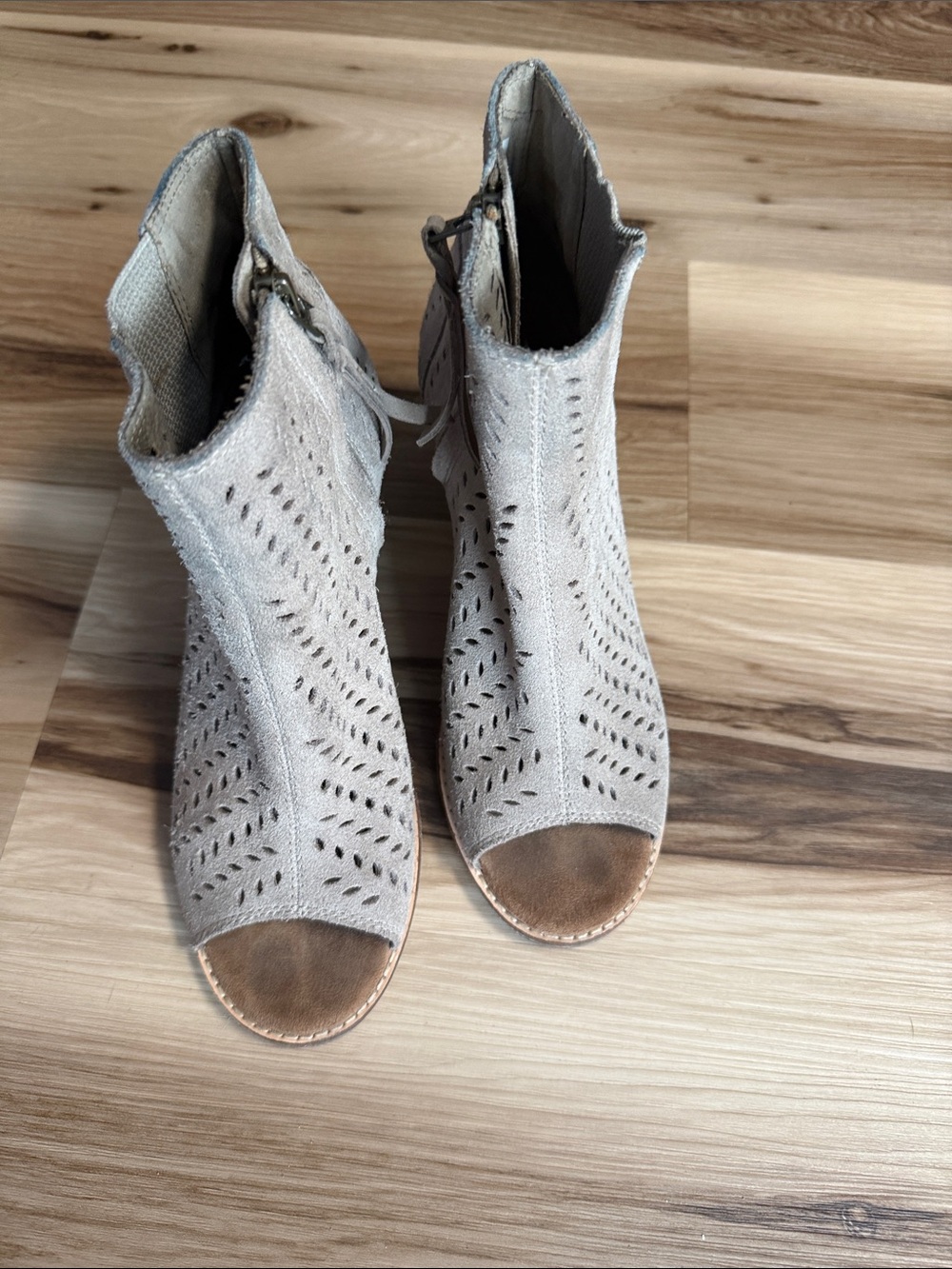 Toms Taupe Suede Cutout Peep-Toe Heeled Booties